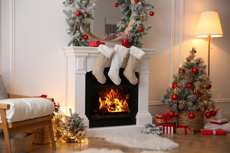 stockings hung on a fireplace